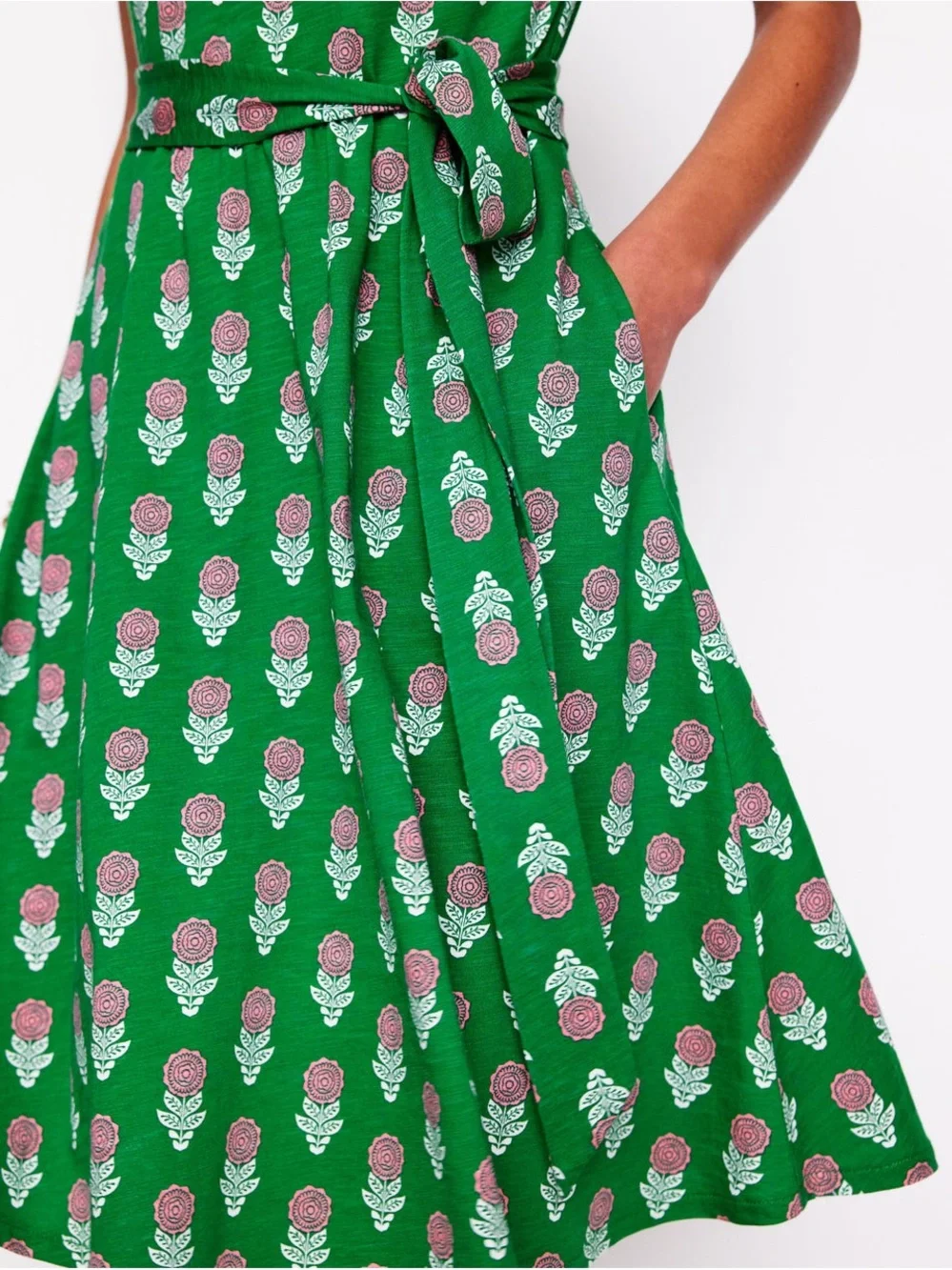 Boden Green Floral Tie-Waist Sleeveless Dress - Picture 4 of 9